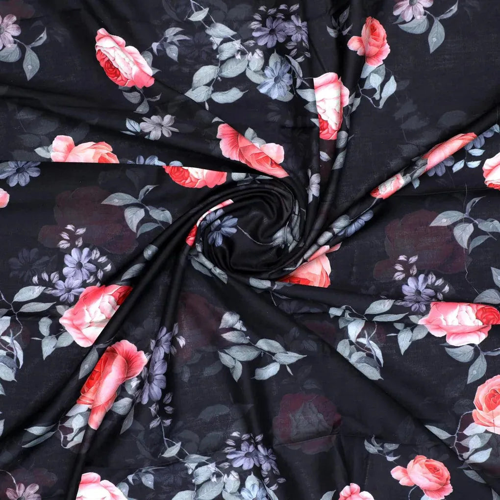 Elegant Floral Over Black Base Digital Printed Fabric – mu 0 0ta06659p1 110 elegant floral over black base digital printed fabric 1