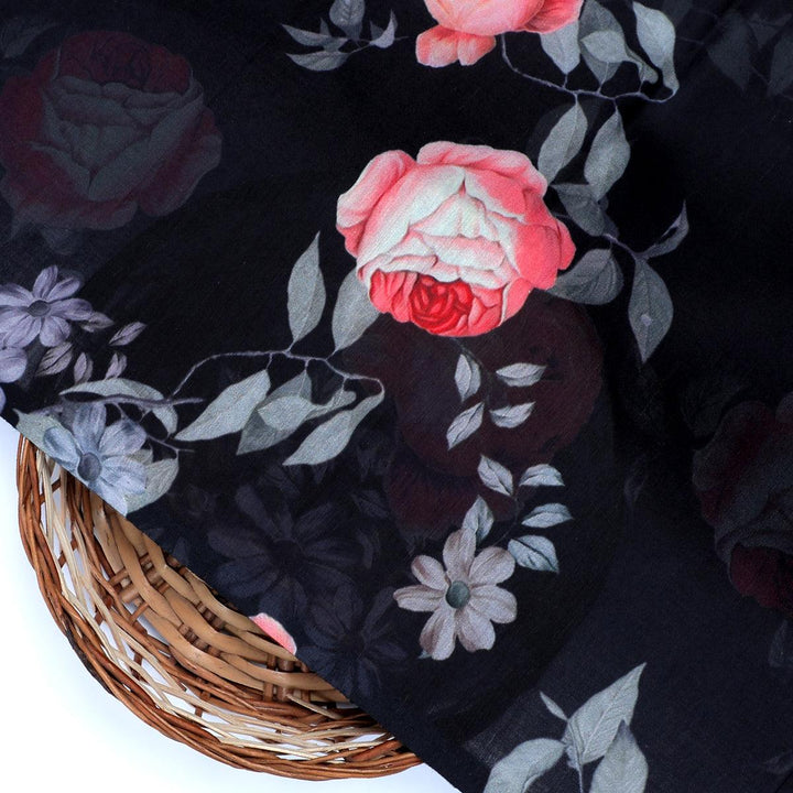 Elegant Floral Over Black Base Digital Printed Fabric - FAB VOGUE Studio®