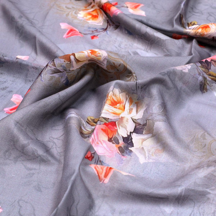 Pixel Floral Laying Over Grey Digital Printed Fabric - FAB VOGUE Studio®
