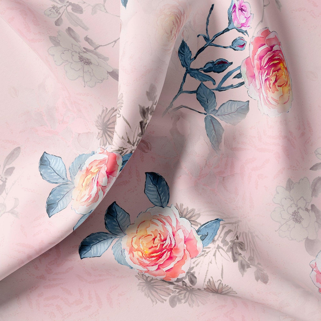 Roses Floating on Pink Base Digital Printed Fabric - FAB VOGUE Studio®