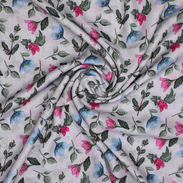 Flower With Olive Leaf Digital Printed Fabric - Muslin - FAB VOGUE Studio®