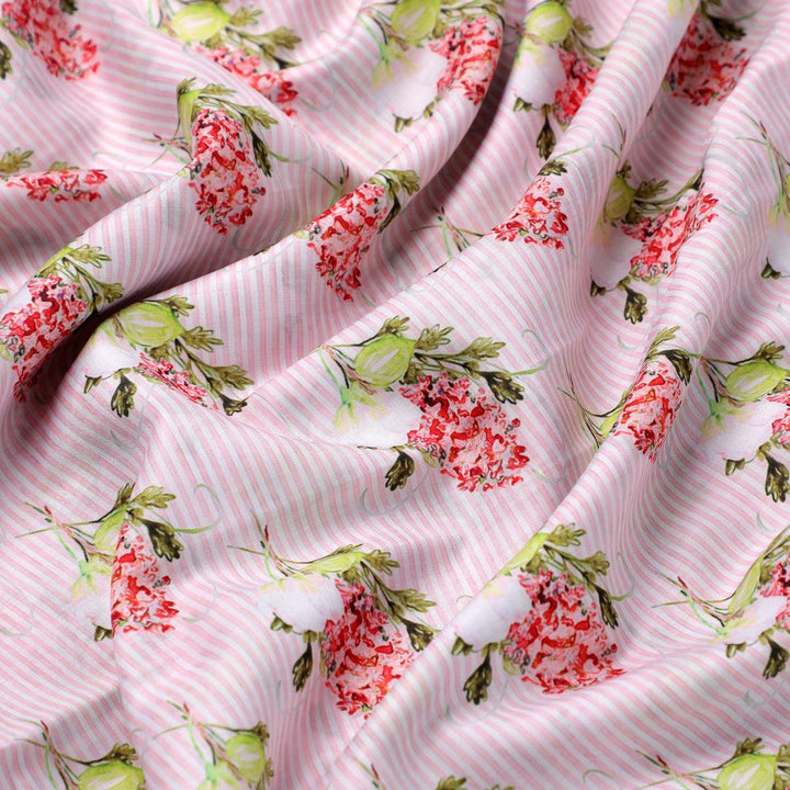 Pink Flower Pack With Stripes Digital Printed Fabric - Muslin - FAB VOGUE Studio®