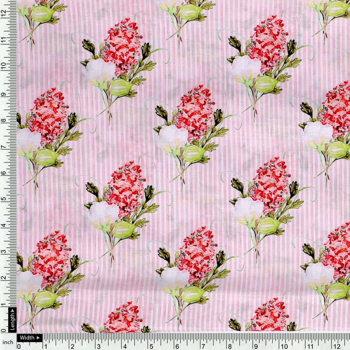 Pink Flower Pack With Stripes Digital Printed Fabric - Muslin - FAB VOGUE Studio®