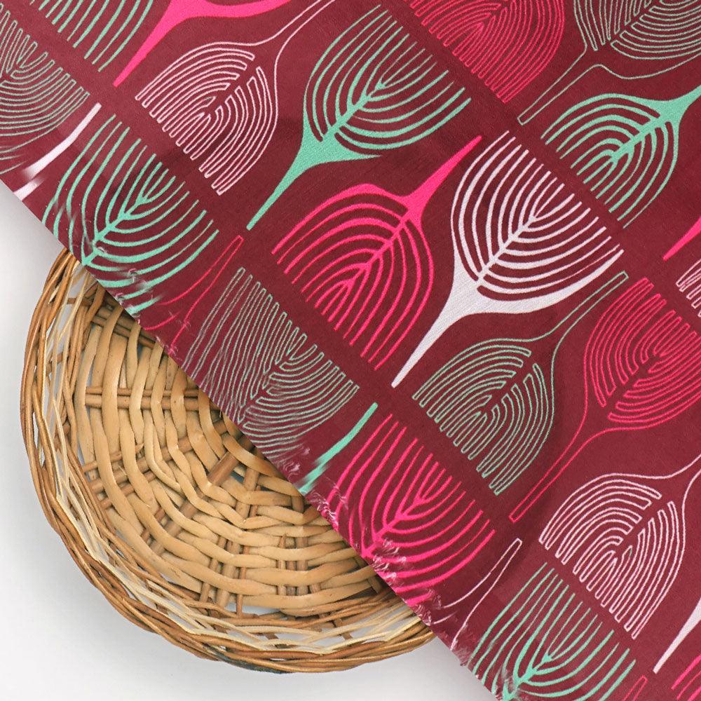Bold Colourful Mahogany Leaf Digital Printed Fabric - Poly Muslin - FAB VOGUE Studio®
