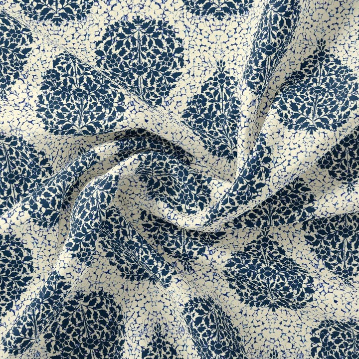Aspen Blue Leaves Creamy Stone Digital Printed Fabric - Poly Muslin - FAB VOGUE Studio®