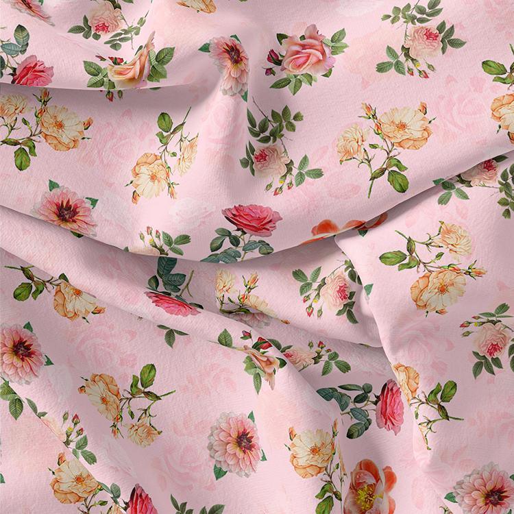 Pink And Peach Roses Allover Digital Printed Fabric - Muslin - FAB VOGUE Studio®
