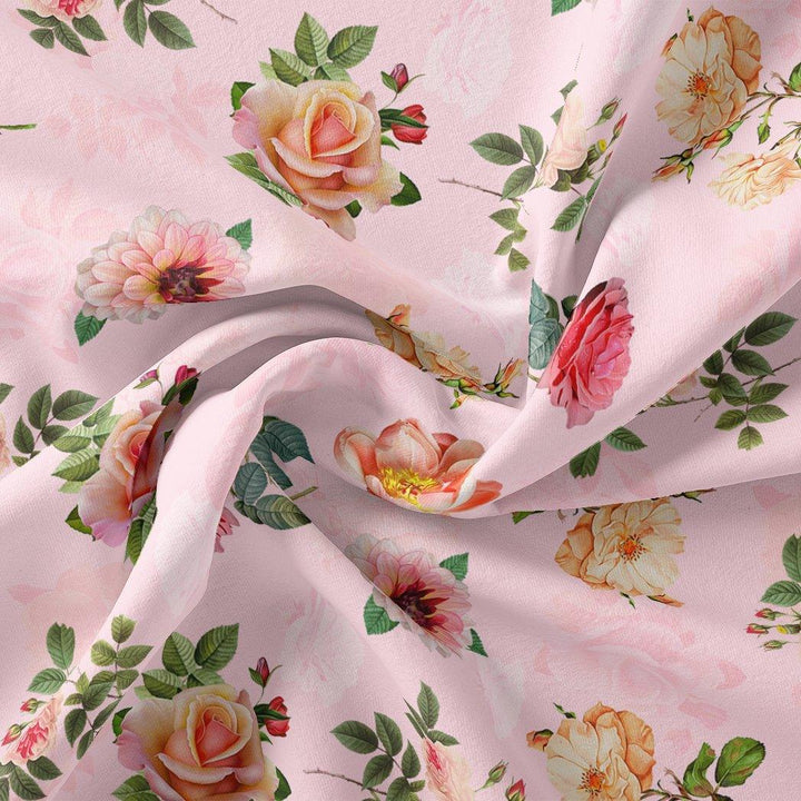 Pink And Peach Roses Allover Digital Printed Fabric - Muslin - FAB VOGUE Studio®