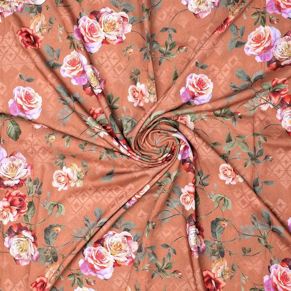 Oil Painted Flowers On Brown Digital Printed Fabric - Muslin – mu 0 ta05665p2 110 oil painted flowers on brown digital printed fabric muslin 1
