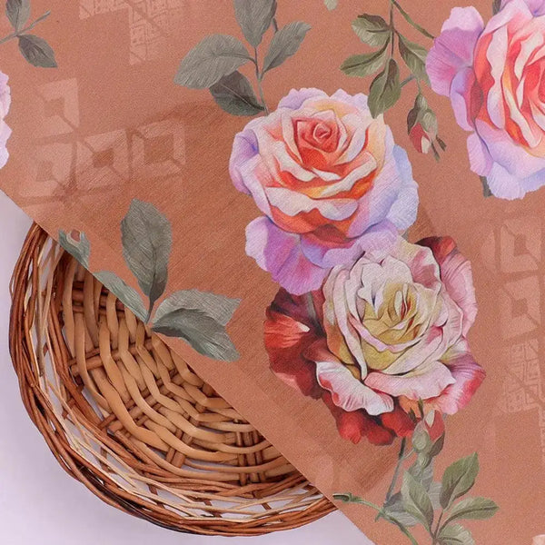 Oil Painted Flowers On Brown Digital Printed Fabric - Muslin – mu 0 ta05665p2 110 oil painted flowers on brown digital printed fabric muslin 2 - alternate view