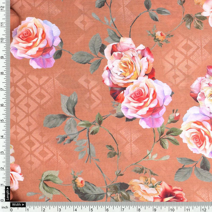 Oil Painted Flowers On Brown Digital Printed Fabric - Muslin - FAB VOGUE Studio®