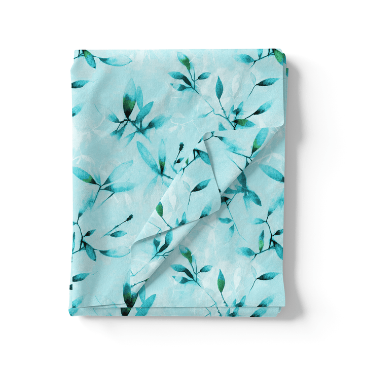 Attractive Sky Blue Leaves Digital Printed Fabric - Poly Muslin - FAB VOGUE Studio®