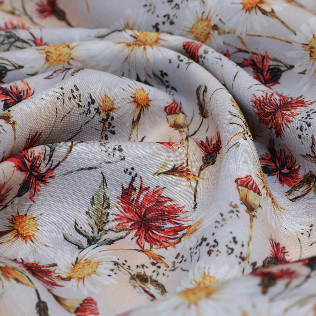 Daisy Branch Of White Flower Digital Printed Fabric - Poly Muslin - FAB VOGUE Studio®