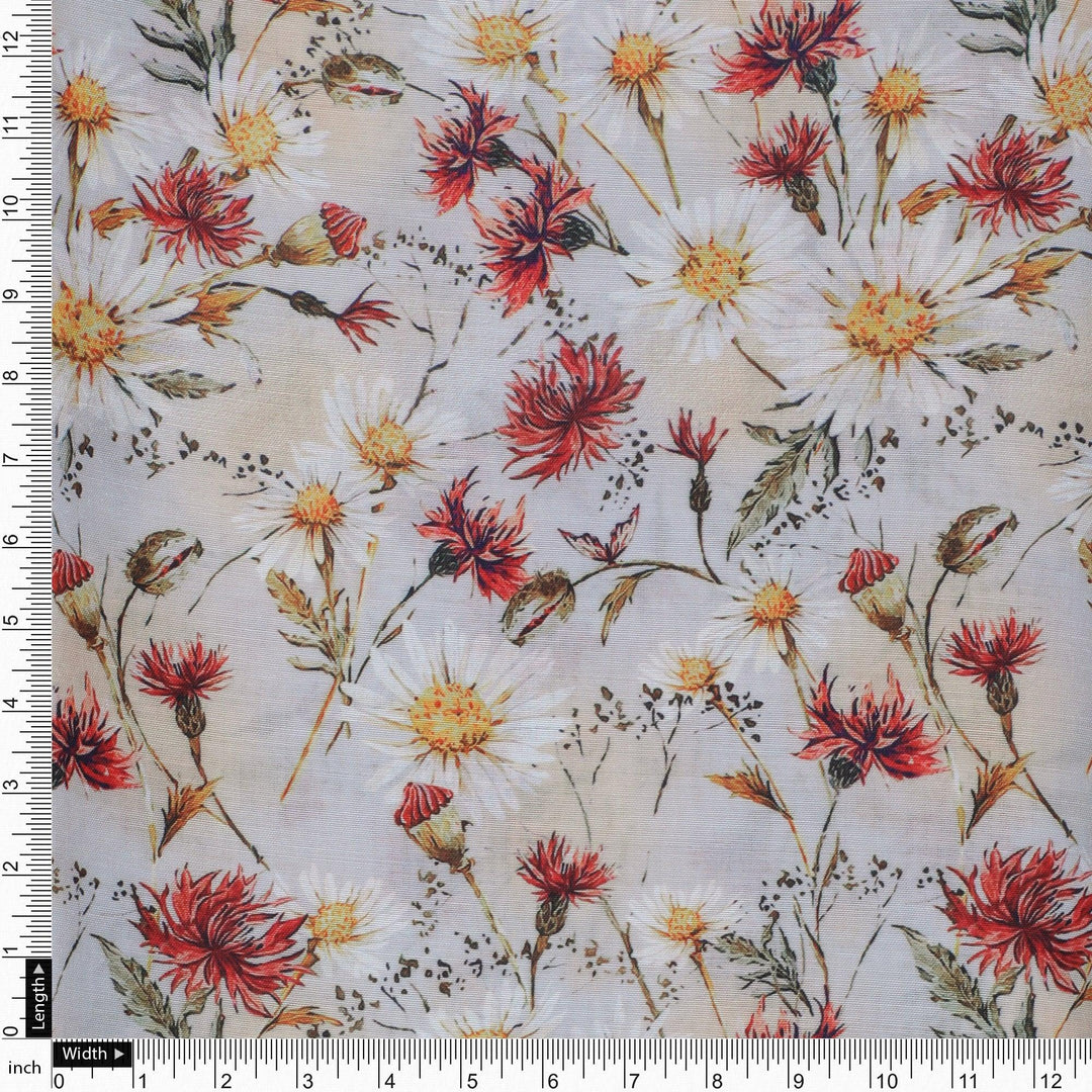 Daisy Branch Of White Flower Digital Printed Fabric - Poly Muslin - FAB VOGUE Studio®