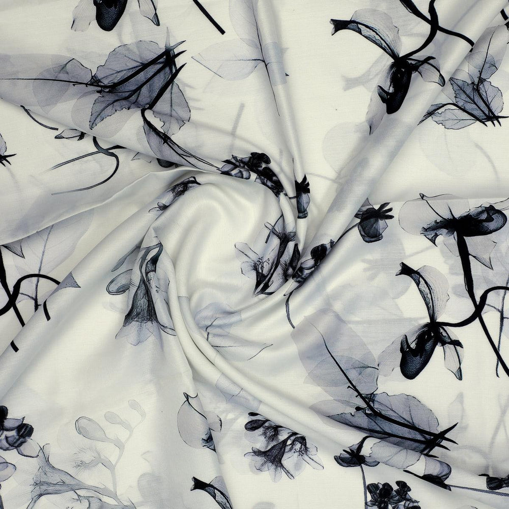 Black Floating Flowers Digital Printed Fabric - Muslin - FAB VOGUE Studio®