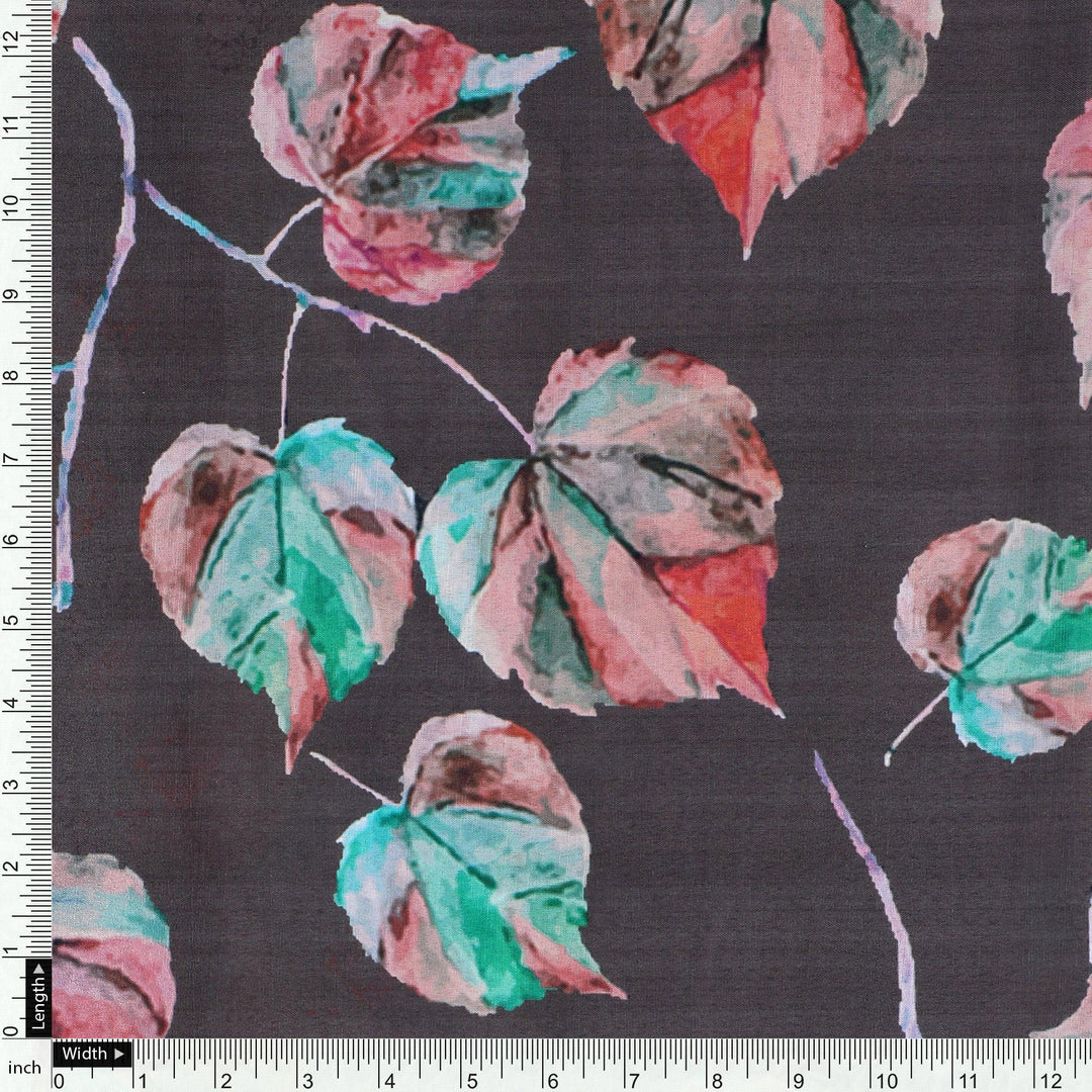 Colourful Floating Leaves Digital Printed Fabric - Poly Muslin - FAB VOGUE Studio®