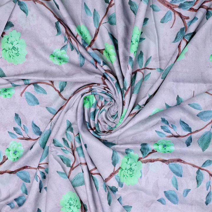 Green Flower And Brach Digital Printed Fabric - Muslin - FAB VOGUE Studio®