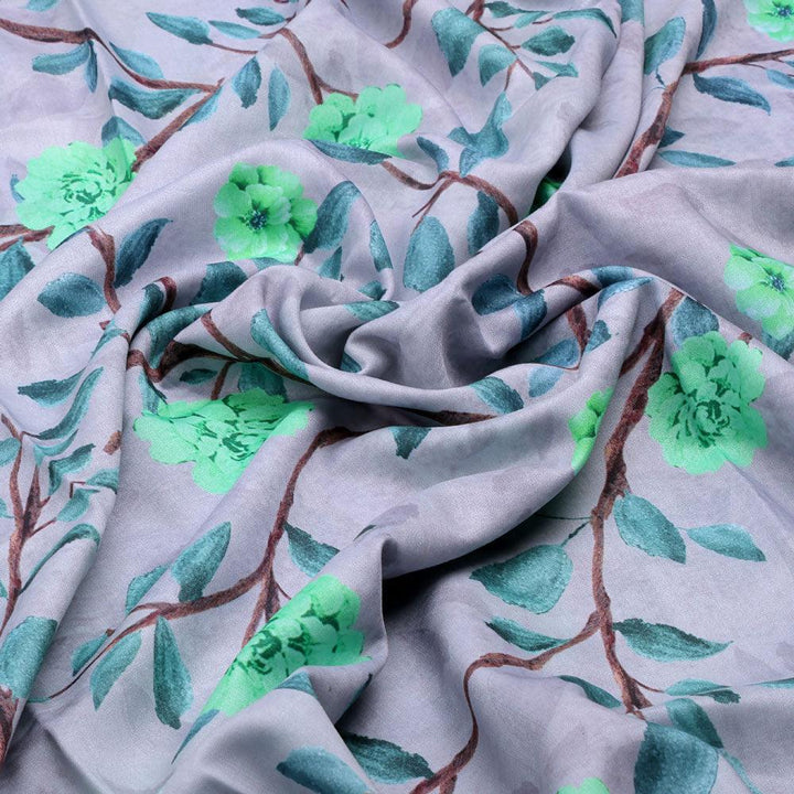Green Flower And Brach Digital Printed Fabric - Muslin - FAB VOGUE Studio®