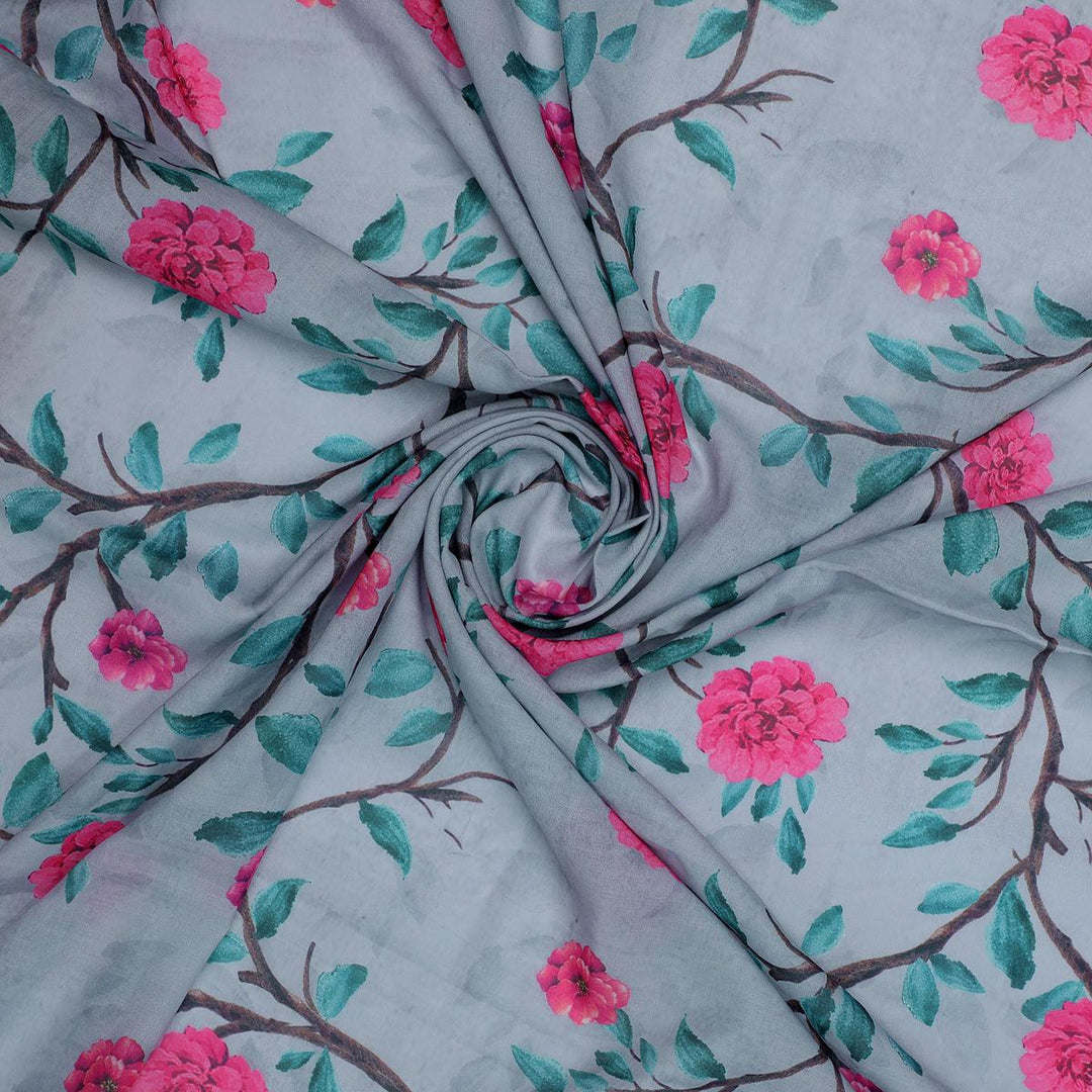 Pink Flower And Branch Digital Printed Fabric - Poly Muslin - FAB VOGUE Studio®