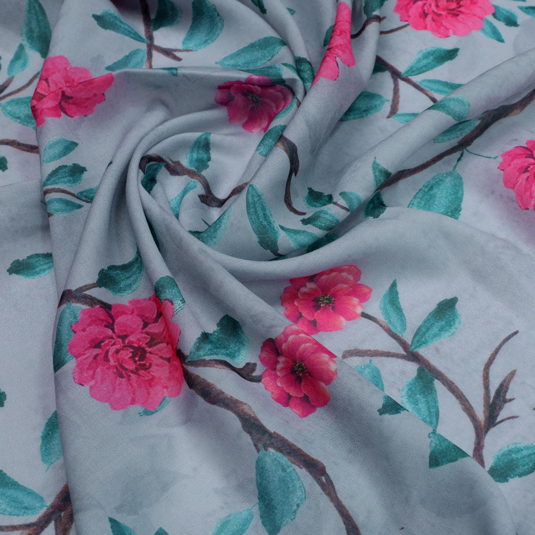 Pink Flower And Branch Digital Printed Fabric - Poly Muslin - FAB VOGUE Studio®