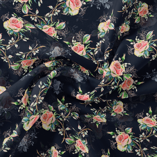 Colourful Roses With Multicolour Branch Digital Printed Fabric - Poly Muslin - FAB VOGUE Studio®