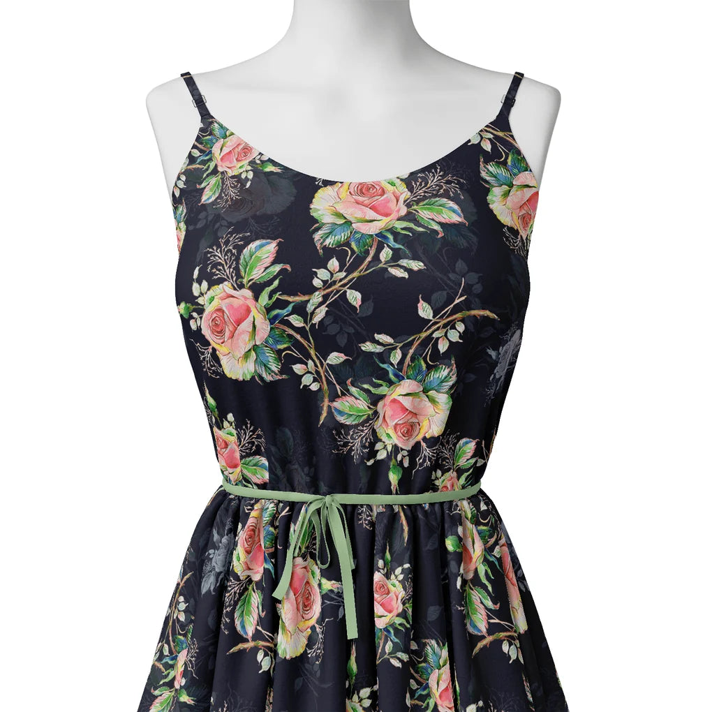 Colourful Roses With Multicolour Branch Digital Printed Fabric - Poly Muslin - FAB VOGUE Studio®