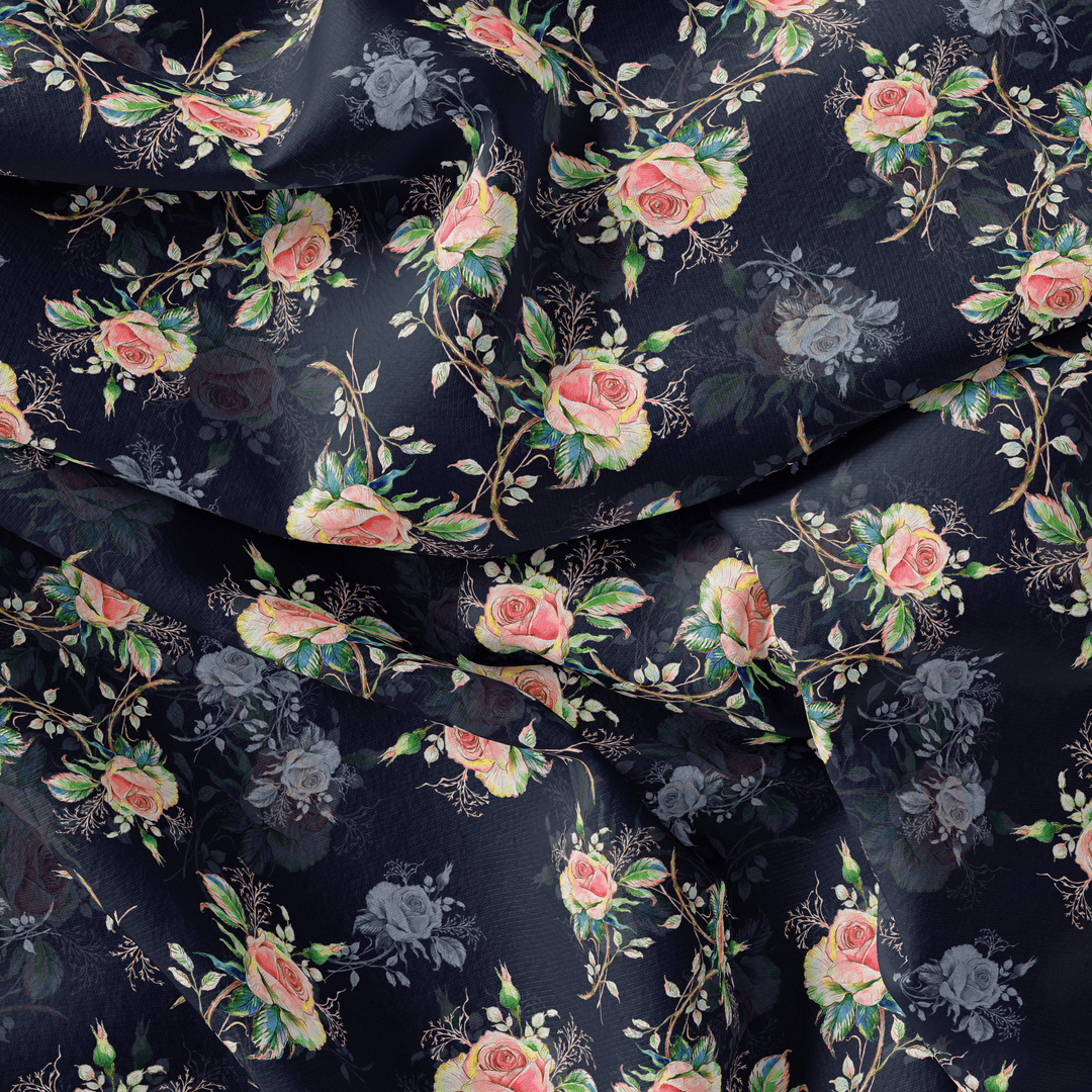 Colourful Roses With Multicolour Branch Digital Printed Fabric - Poly Muslin - FAB VOGUE Studio®
