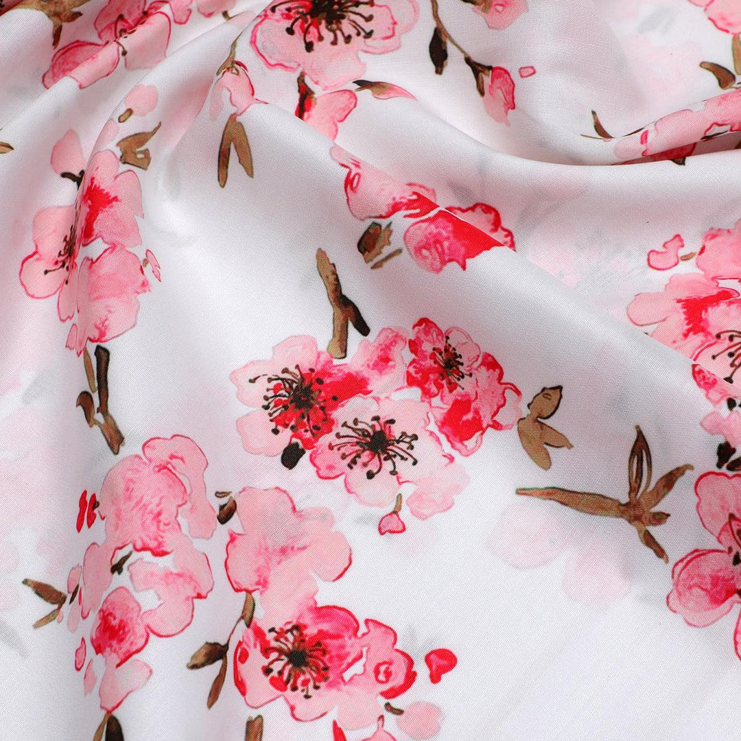 Beautiful Red Flowers Over White Base Digital Printed Fabric - FAB VOGUE Studio®