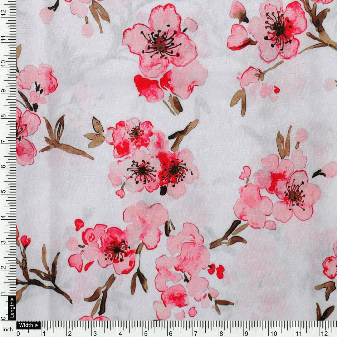 Beautiful Red Flowers Over White Base Digital Printed Fabric - FAB VOGUE Studio®