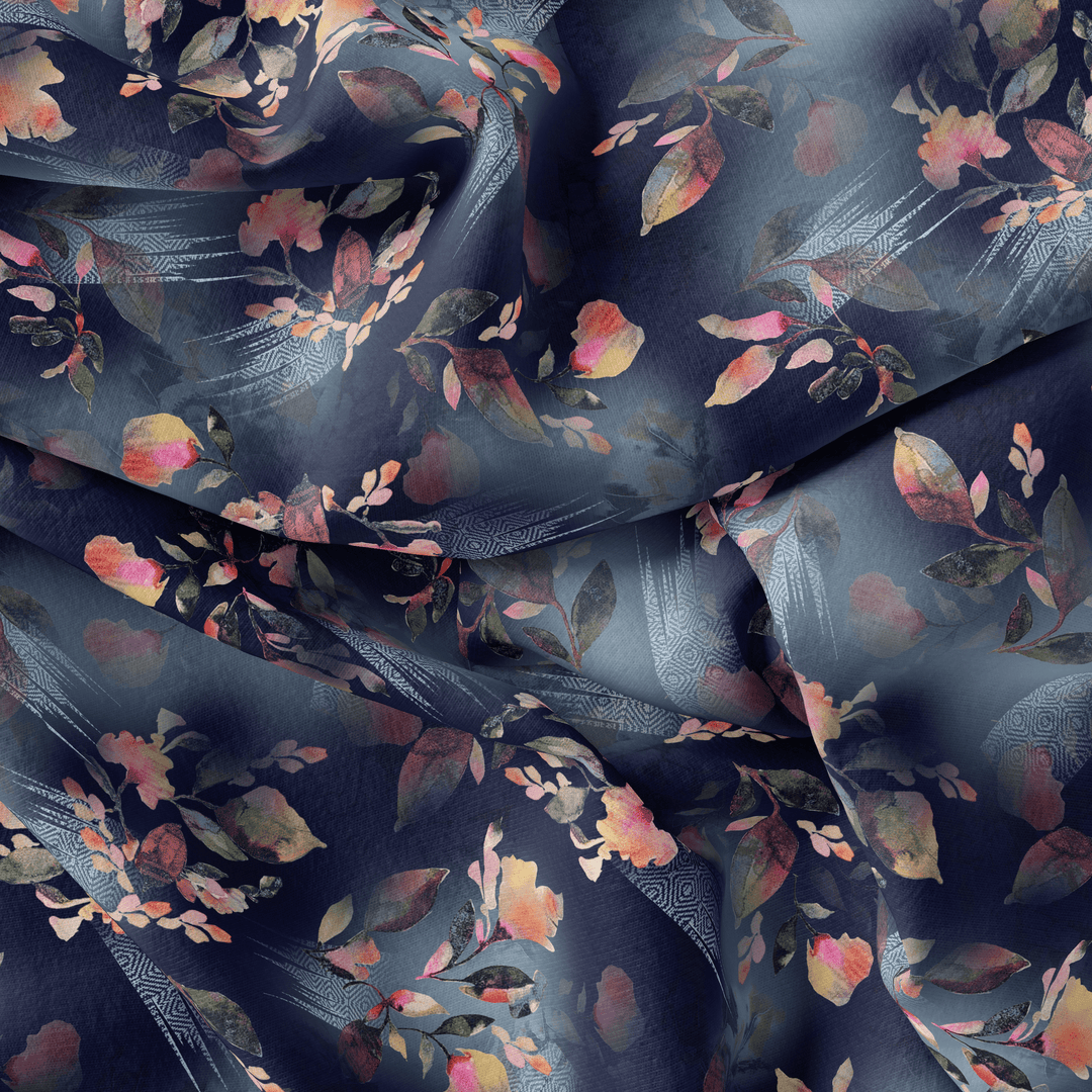 Little Leaves Petals With Blue background Digital Printed Fabric - Poly Muslin - FAB VOGUE Studio®