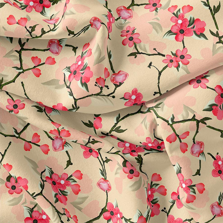 Cherry Red Flower With Branch Digital Printed Fabric - Muslin - FAB VOGUE Studio®