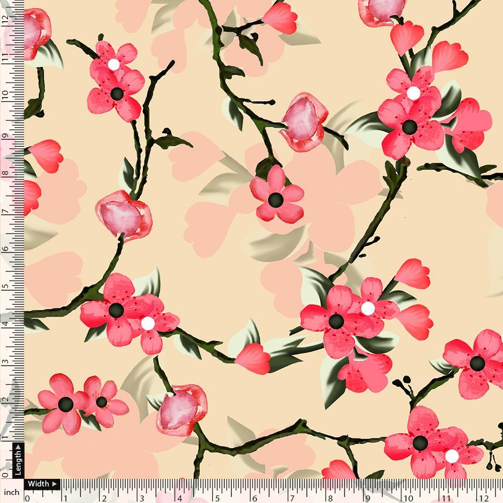 Cherry Red Flower With Branch Digital Printed Fabric - Muslin - FAB VOGUE Studio®