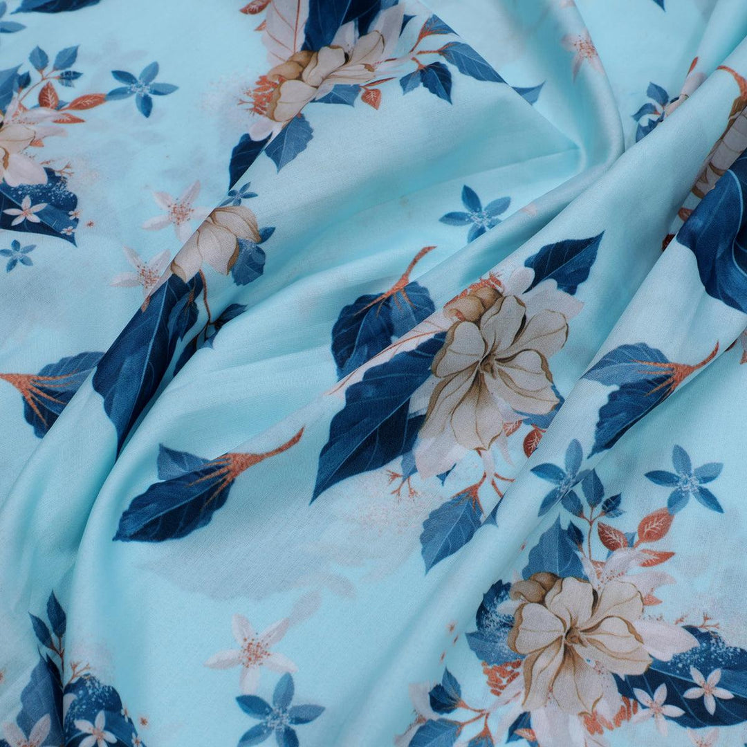 Flower On Ocean Blue Digital Printed Fabric - Muslin - FAB VOGUE Studio®