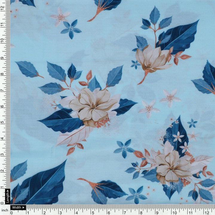 Flower On Ocean Blue Digital Printed Fabric - Muslin - FAB VOGUE Studio®