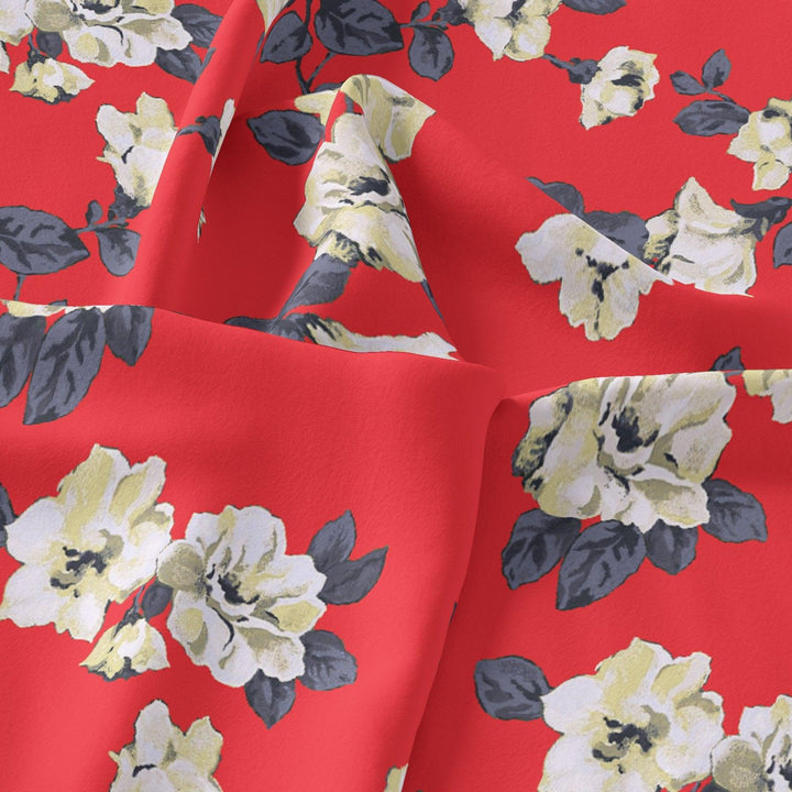 Red And White Flower Digital Printed Fabric - Muslin - FAB VOGUE Studio®