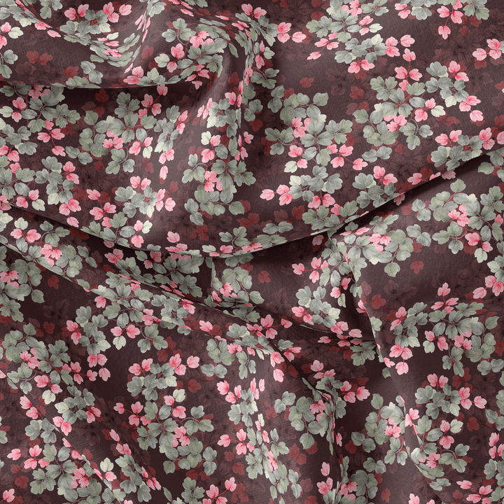 Beautiful Pink With Grey Leaves Digital Printed Fabric - Poly Muslin - FAB VOGUE Studio®