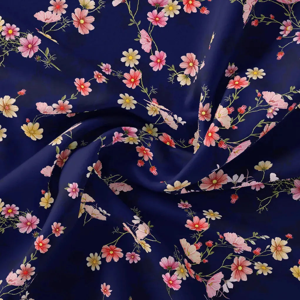 Tiny Colorfull Orchids Floral With Blue Background Digital Printed Fabric - Poly Muslin – mu 0 ta07814p1 110 tiny colorfull orchids floral with blue background digital printed fabric poly muslin 1