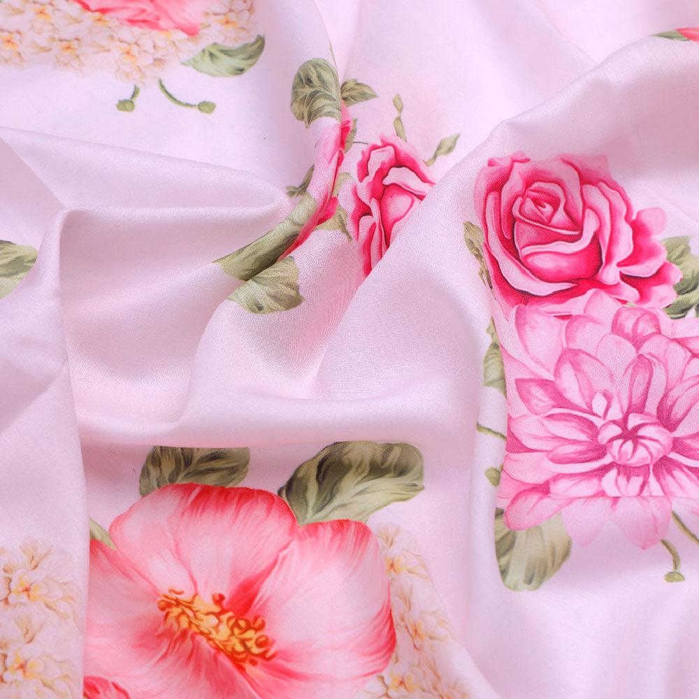 Simple And Beautiful Roses With Pink Lotus Digital Printed Fabric - Poly Muslin - FAB VOGUE Studio®