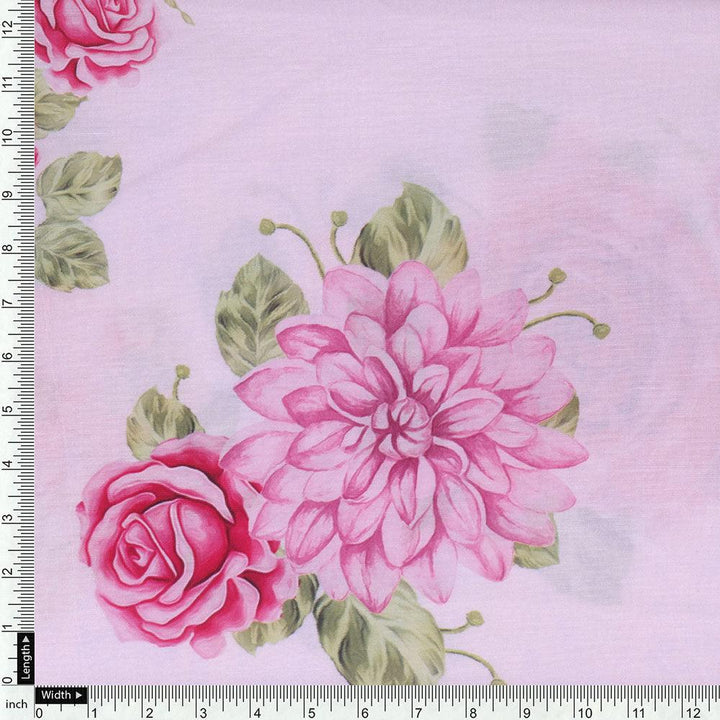 Simple And Beautiful Roses With Pink Lotus Digital Printed Fabric - Poly Muslin - FAB VOGUE Studio®