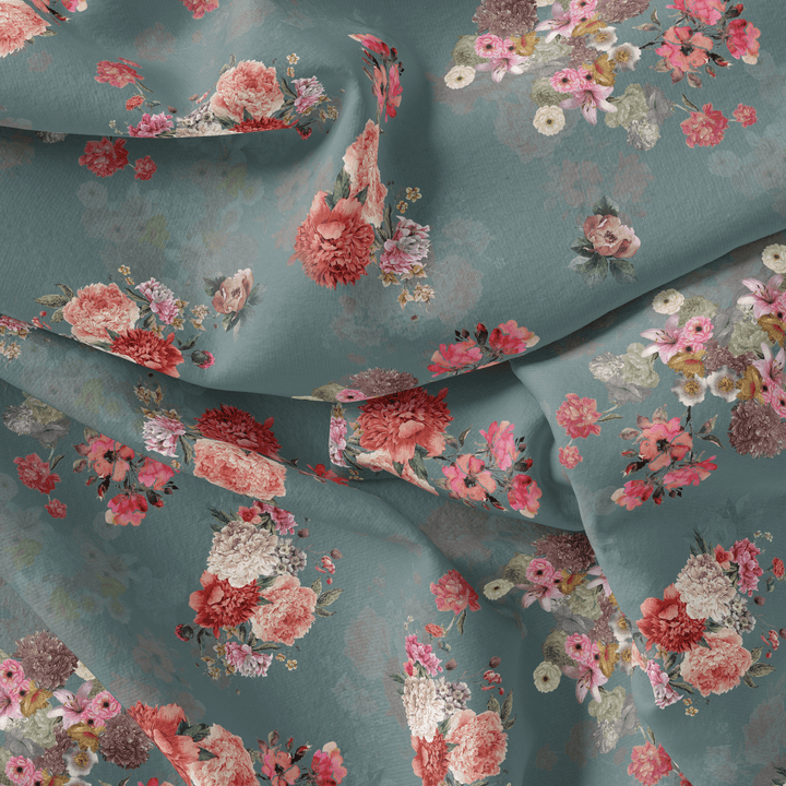 Colorful Roses With Multicolor Branch Digital Printed Fabric - Poly Muslin - FAB VOGUE Studio®