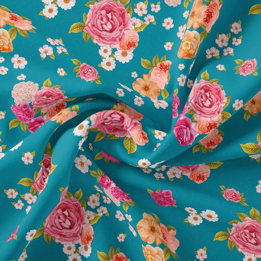 Beautiful Multicolour Anemone Roses Digital Printed Fabric - Poly Muslin - FAB VOGUE Studio®