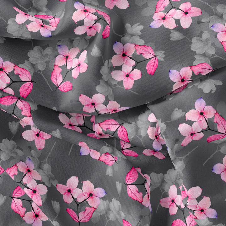 Pink Orchid Flower With Grey Background Digital Printed Fabric - Poly Muslin - FAB VOGUE Studio®