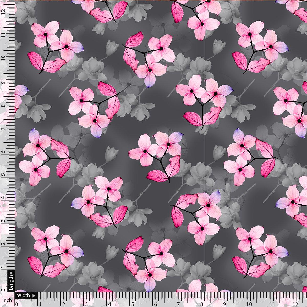 Pink Orchid Flower With Grey Background Digital Printed Fabric - Poly Muslin - FAB VOGUE Studio®