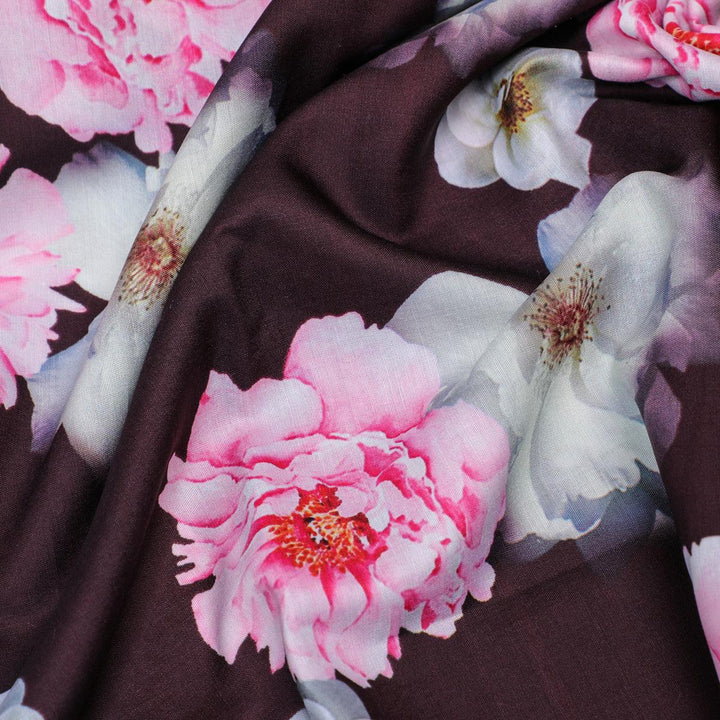 Attractive Pink Roses With Grey Digital Printed Fabric - Poly Muslin - FAB VOGUE Studio®