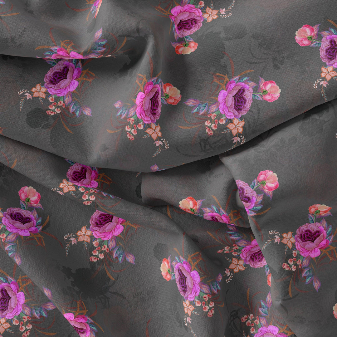 Lovely Peony With Wax Flower Digital Printed Fabric - Poly Muslin - FAB VOGUE Studio®