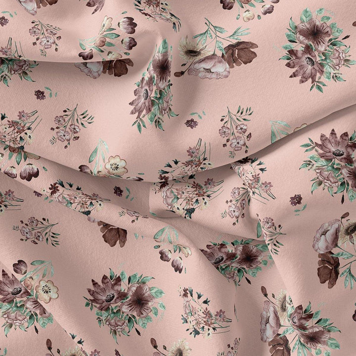 Multi Flower Bunch And Linear Leafs Digital Printed Fabric - Muslin - FAB VOGUE Studio®