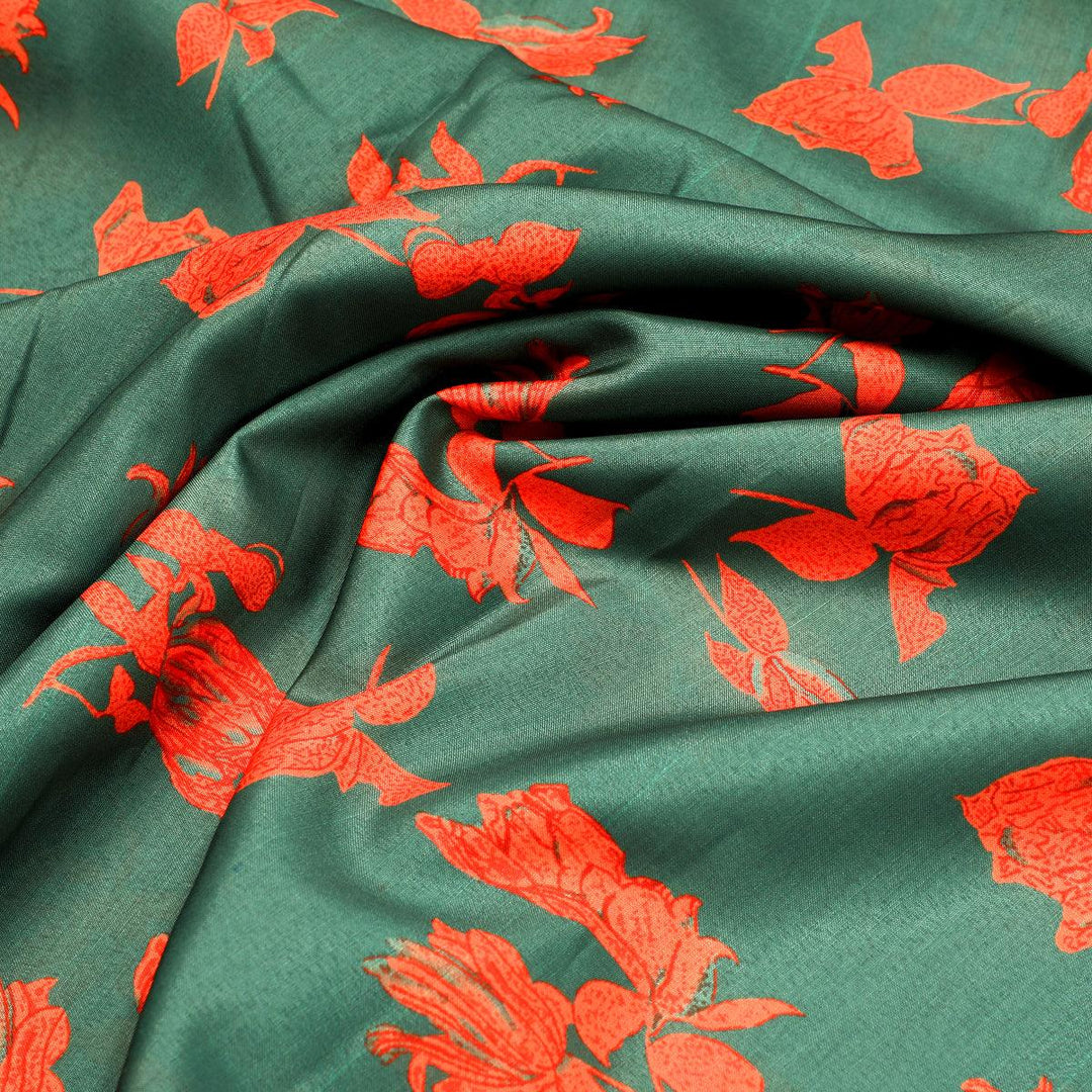 Tulips Roses With Orange Colour Digital Printed Fabric - Poly Muslin - FAB VOGUE Studio®