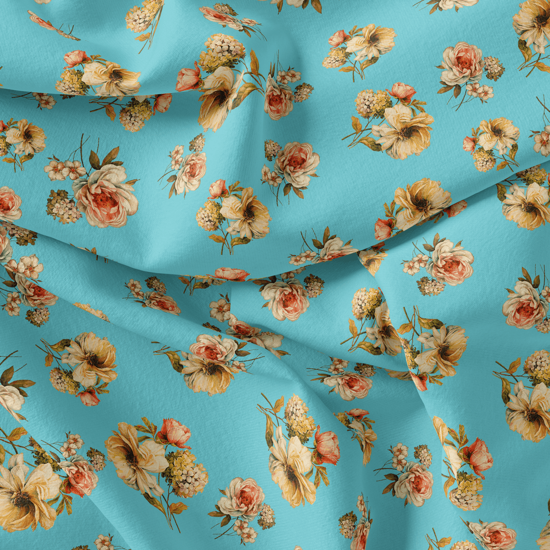 Lovely Periwinkle Flower With Blue Turquoise Digital Printed Fabric - Poly Muslin - FAB VOGUE Studio®