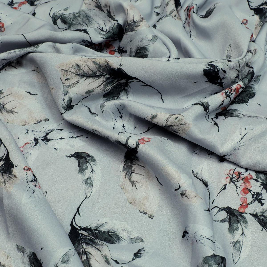 Royal Vintage Greyish Leafs Digital Printed Fabric - Muslin - FAB VOGUE Studio®
