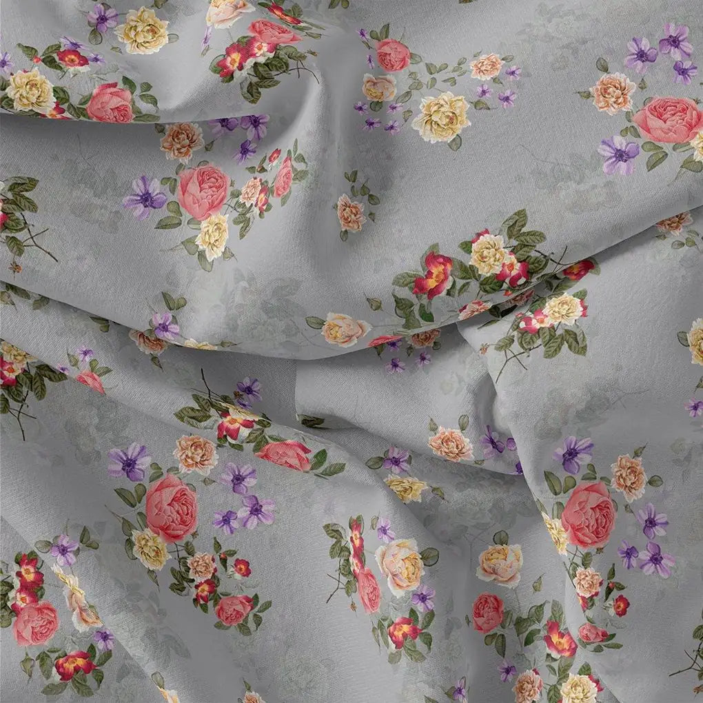 Natural Colourful Roses Digital Printed Fabric - Muslin - FAB VOGUE Studio®