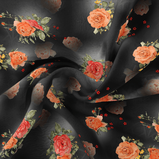 Most Trending Oranges With Red Rose Digital Printed Fabric - Poly Muslin - FAB VOGUE Studio®